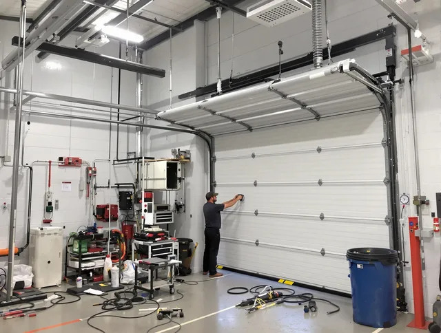 Palm Coast Garage Door Repair certified technician performing commercial door repair at a Palm Coast business facility
