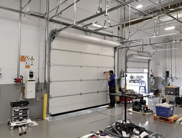 Commercial garage door repair being performed by Palm Coast Garage Door Repair expert in Palm Coast