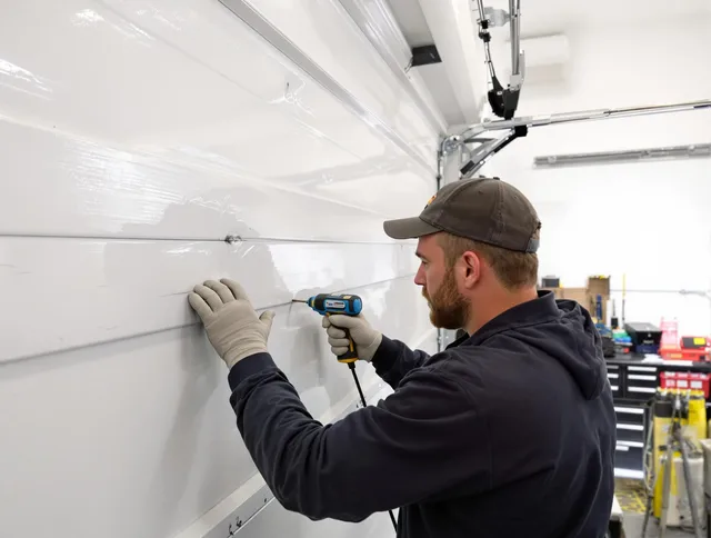 Palm Coast Garage Door Repair technician demonstrating precision dent removal techniques on a Palm Coast garage door