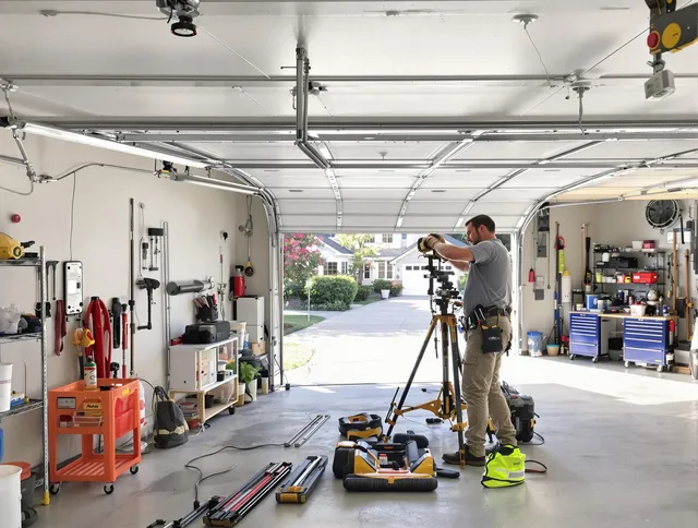 Palm Coast Garage Door Repair specialist performing laser-guided track alignment in Palm Coast